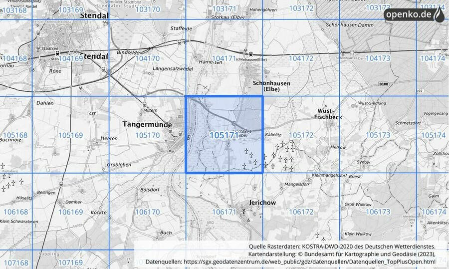 Übersichtskarte des KOSTRA-DWD-2020-Rasterfeldes Nr. 105171