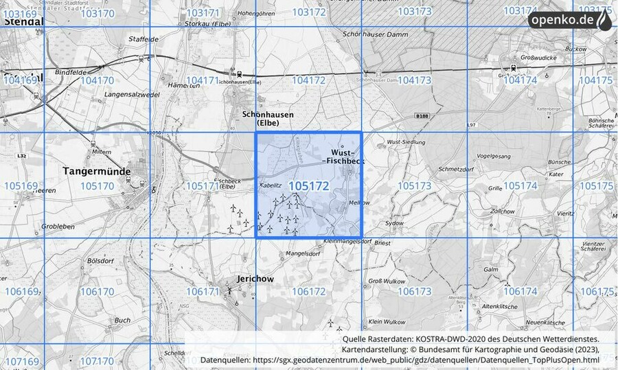 Übersichtskarte des KOSTRA-DWD-2020-Rasterfeldes Nr. 105172