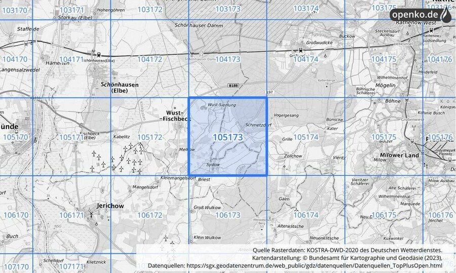 Übersichtskarte des KOSTRA-DWD-2020-Rasterfeldes Nr. 105173