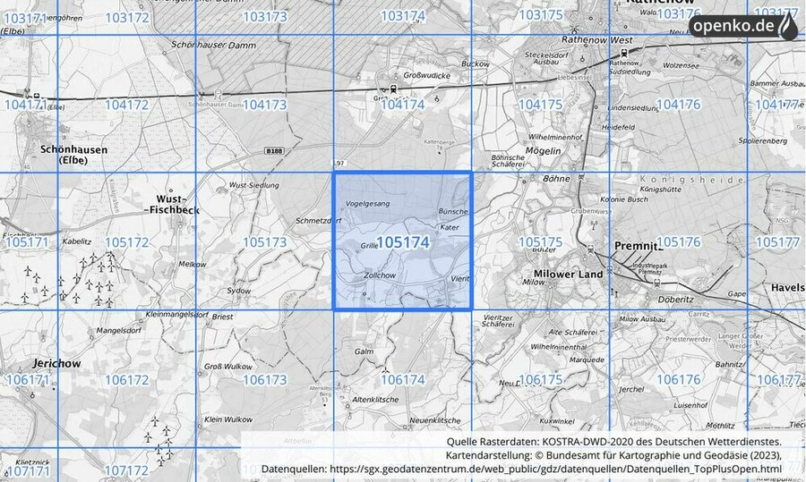 Übersichtskarte des KOSTRA-DWD-2020-Rasterfeldes Nr. 105174