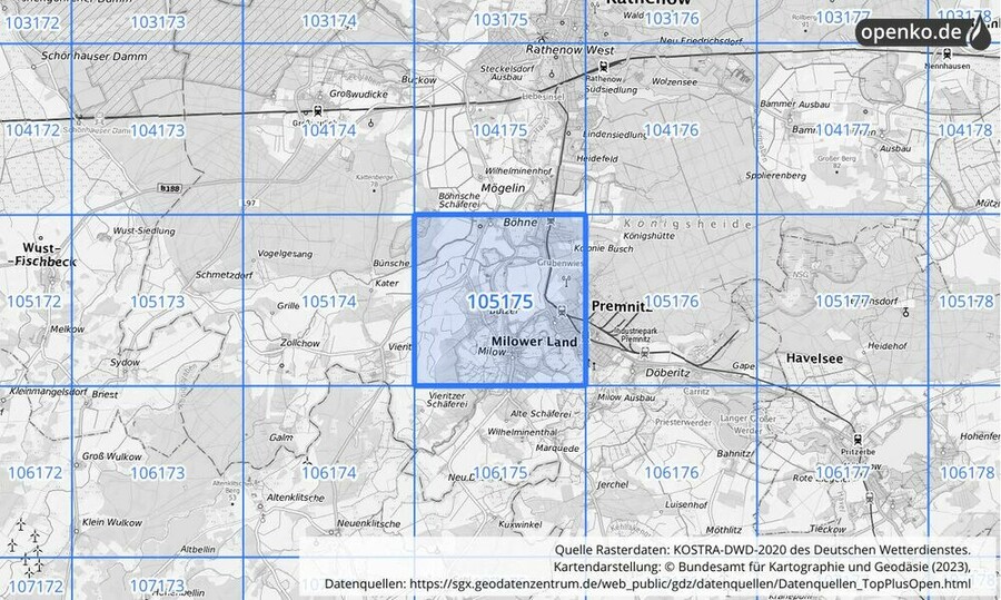 Übersichtskarte des KOSTRA-DWD-2020-Rasterfeldes Nr. 105175