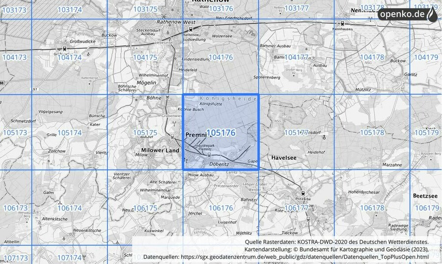 Übersichtskarte des KOSTRA-DWD-2020-Rasterfeldes Nr. 105176