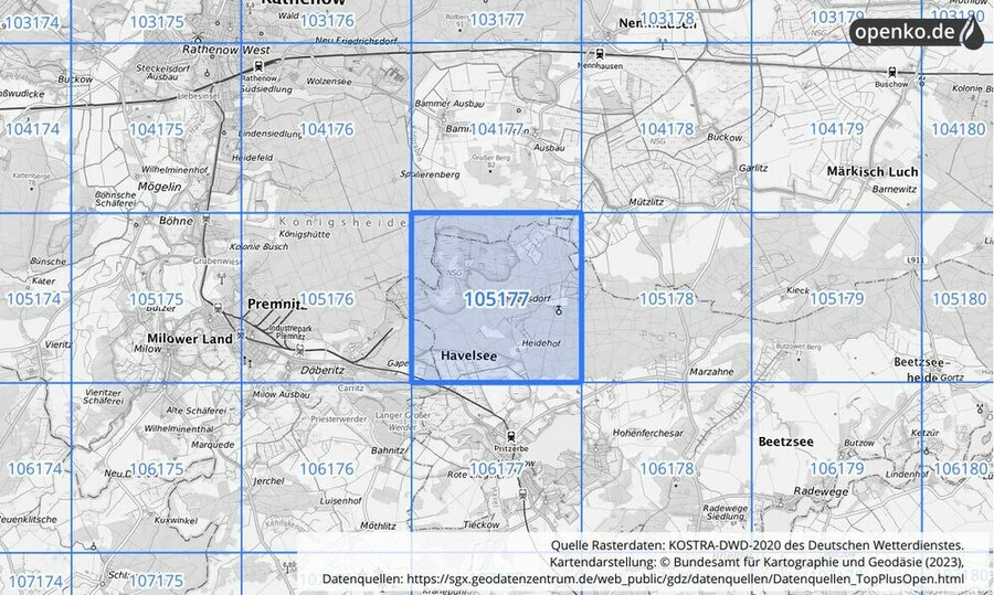 Übersichtskarte des KOSTRA-DWD-2020-Rasterfeldes Nr. 105177