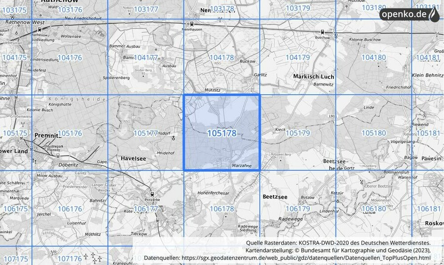 Übersichtskarte des KOSTRA-DWD-2020-Rasterfeldes Nr. 105178