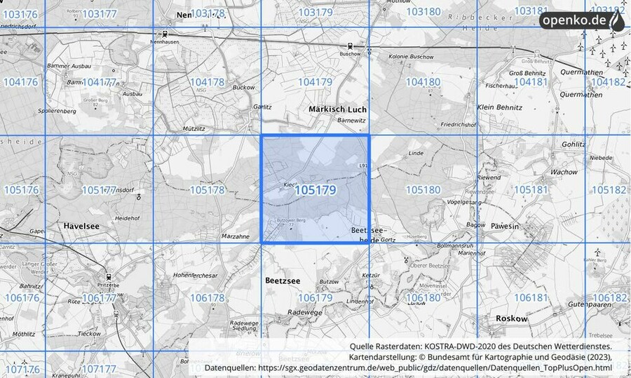 Übersichtskarte des KOSTRA-DWD-2020-Rasterfeldes Nr. 105179