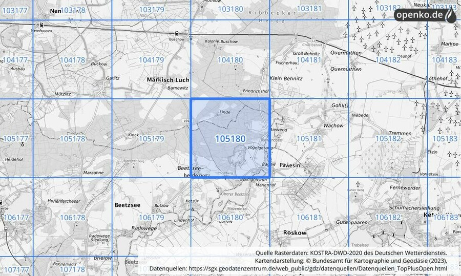 Übersichtskarte des KOSTRA-DWD-2020-Rasterfeldes Nr. 105180