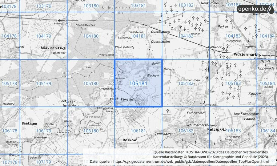 Übersichtskarte des KOSTRA-DWD-2020-Rasterfeldes Nr. 105181