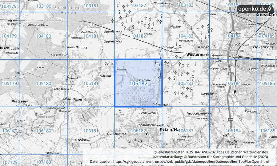 Übersichtskarte des KOSTRA-DWD-2020-Rasterfeldes Nr. 105182