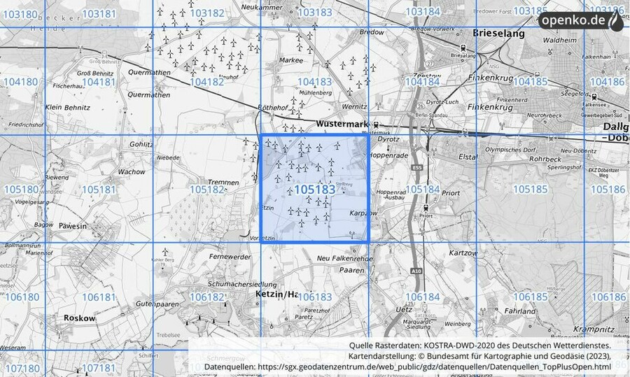 Übersichtskarte des KOSTRA-DWD-2020-Rasterfeldes Nr. 105183