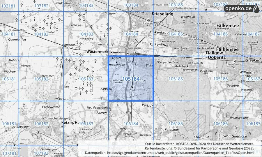 Übersichtskarte des KOSTRA-DWD-2020-Rasterfeldes Nr. 105184