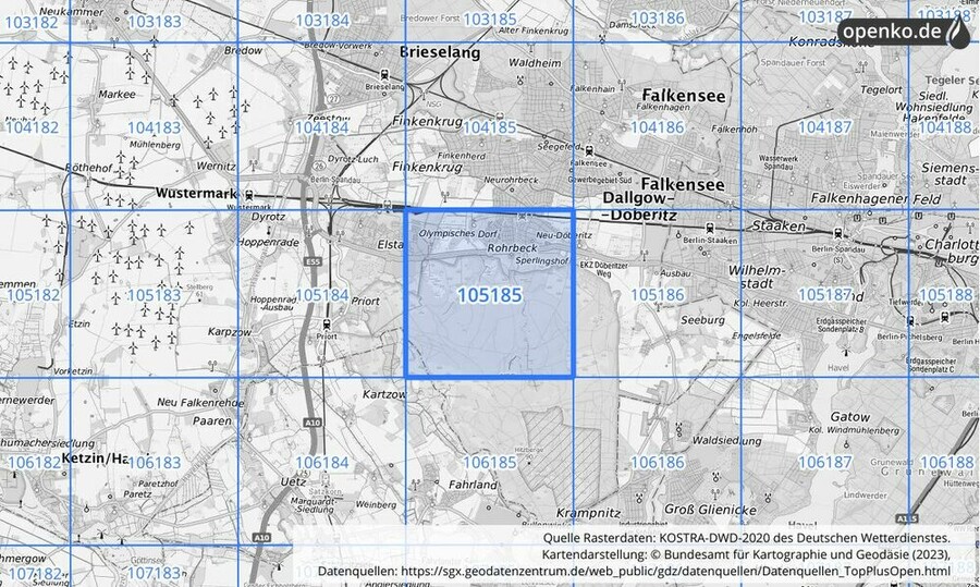 Übersichtskarte des KOSTRA-DWD-2020-Rasterfeldes Nr. 105185