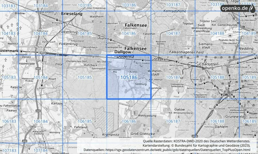 Übersichtskarte des KOSTRA-DWD-2020-Rasterfeldes Nr. 105186