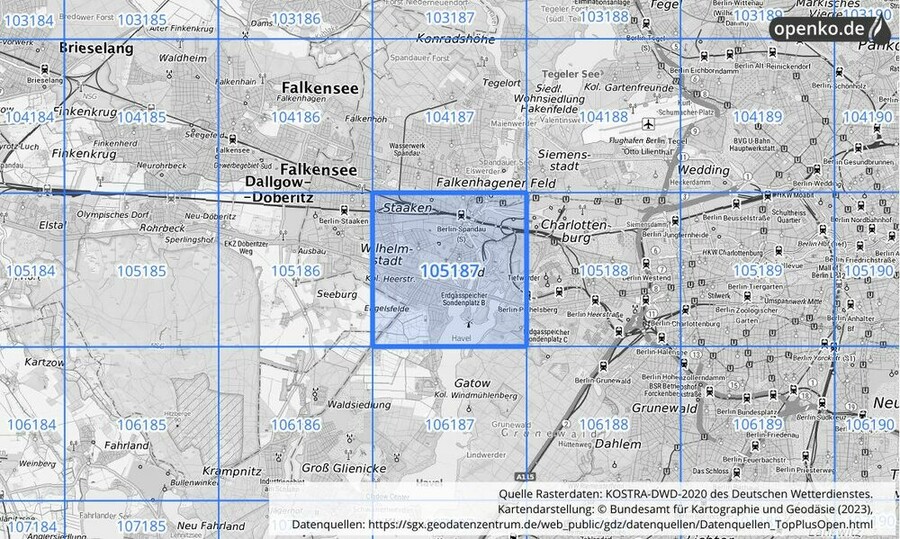 Übersichtskarte des KOSTRA-DWD-2020-Rasterfeldes Nr. 105187