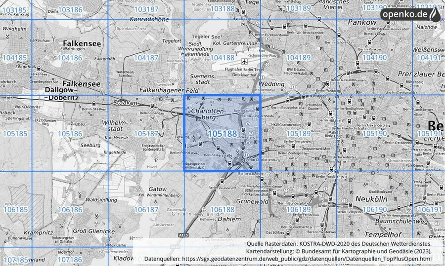 Übersichtskarte des KOSTRA-DWD-2020-Rasterfeldes Nr. 105188