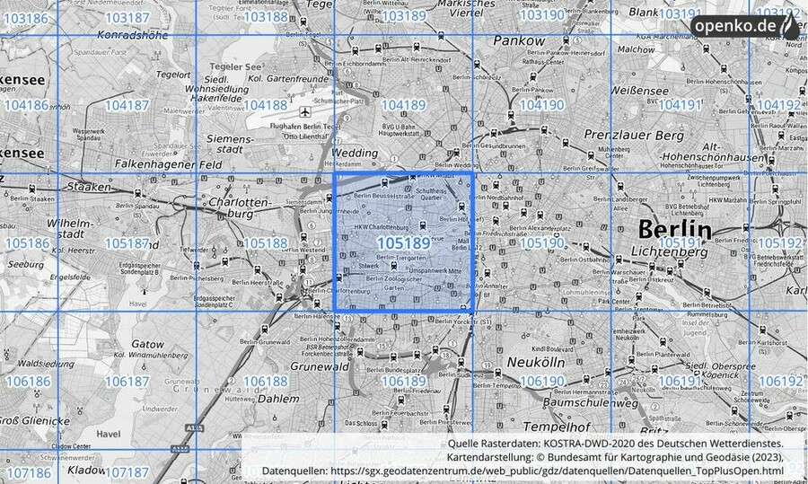 Übersichtskarte des KOSTRA-DWD-2020-Rasterfeldes Nr. 105189