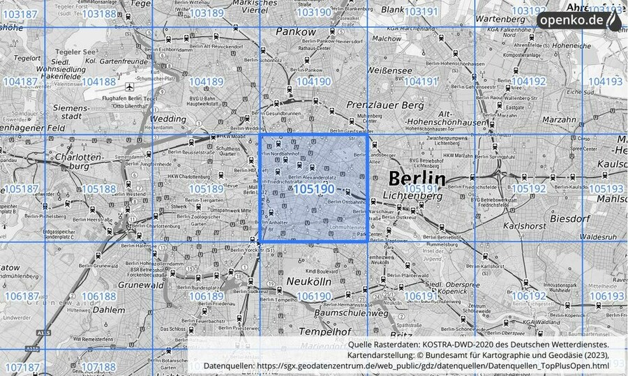 Übersichtskarte des KOSTRA-DWD-2020-Rasterfeldes Nr. 105190