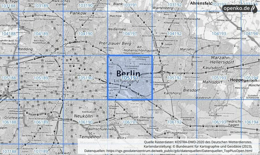 Übersichtskarte des KOSTRA-DWD-2020-Rasterfeldes Nr. 105191