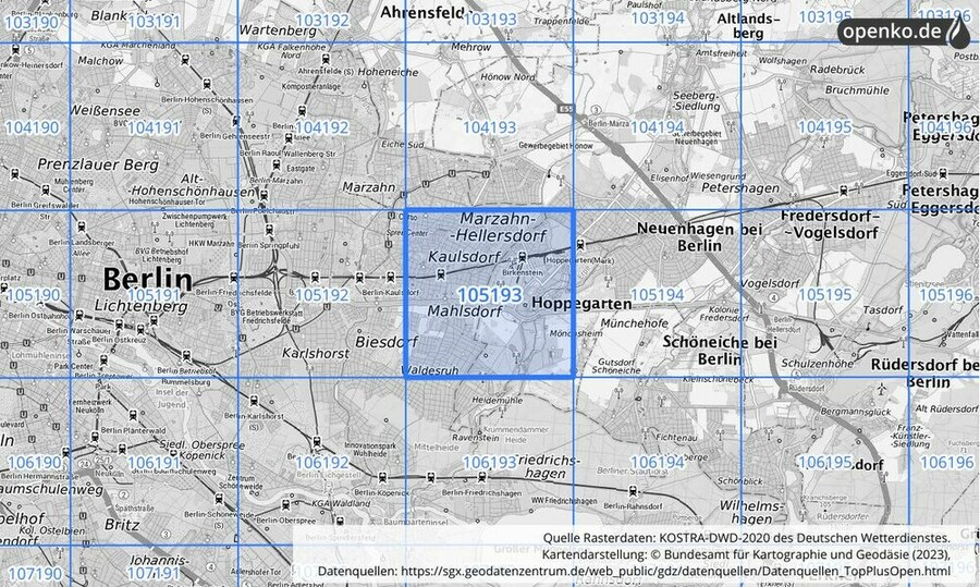 Übersichtskarte des KOSTRA-DWD-2020-Rasterfeldes Nr. 105193