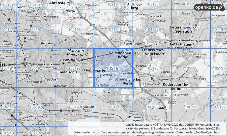 Übersichtskarte des KOSTRA-DWD-2020-Rasterfeldes Nr. 105194