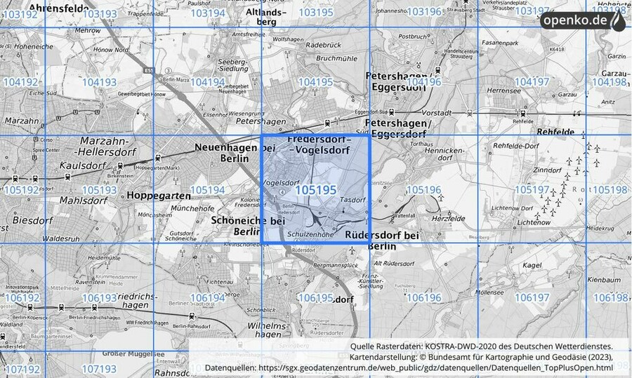 Übersichtskarte des KOSTRA-DWD-2020-Rasterfeldes Nr. 105195