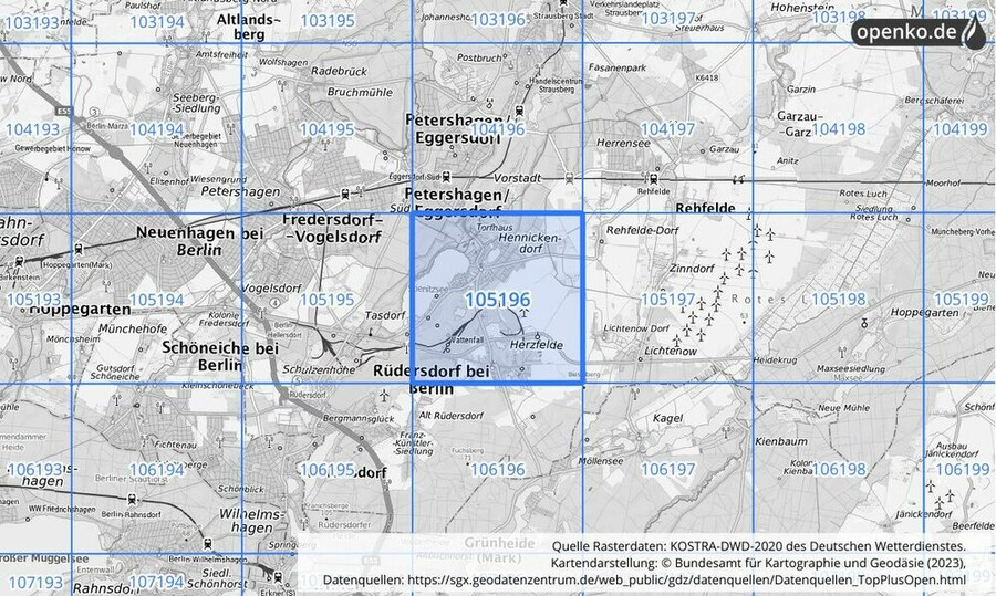 Übersichtskarte des KOSTRA-DWD-2020-Rasterfeldes Nr. 105196