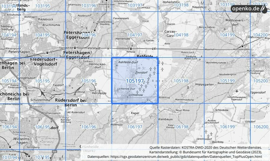 Übersichtskarte des KOSTRA-DWD-2020-Rasterfeldes Nr. 105197