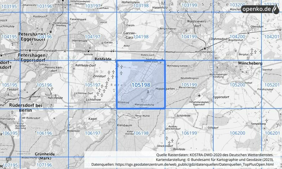 Übersichtskarte des KOSTRA-DWD-2020-Rasterfeldes Nr. 105198