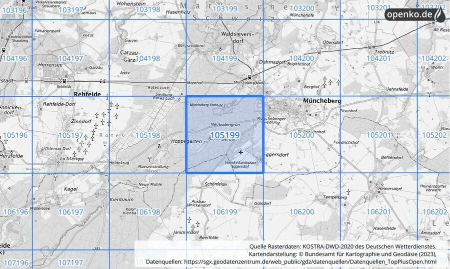 Übersichtskarte des KOSTRA-DWD-2020-Rasterfeldes Nr. 105199