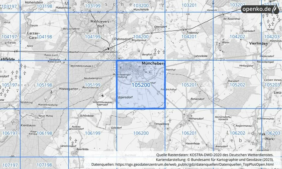 Übersichtskarte des KOSTRA-DWD-2020-Rasterfeldes Nr. 105200