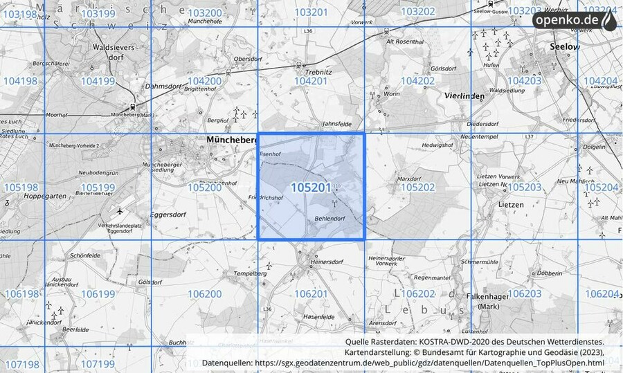 Übersichtskarte des KOSTRA-DWD-2020-Rasterfeldes Nr. 105201