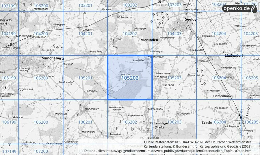 Übersichtskarte des KOSTRA-DWD-2020-Rasterfeldes Nr. 105202