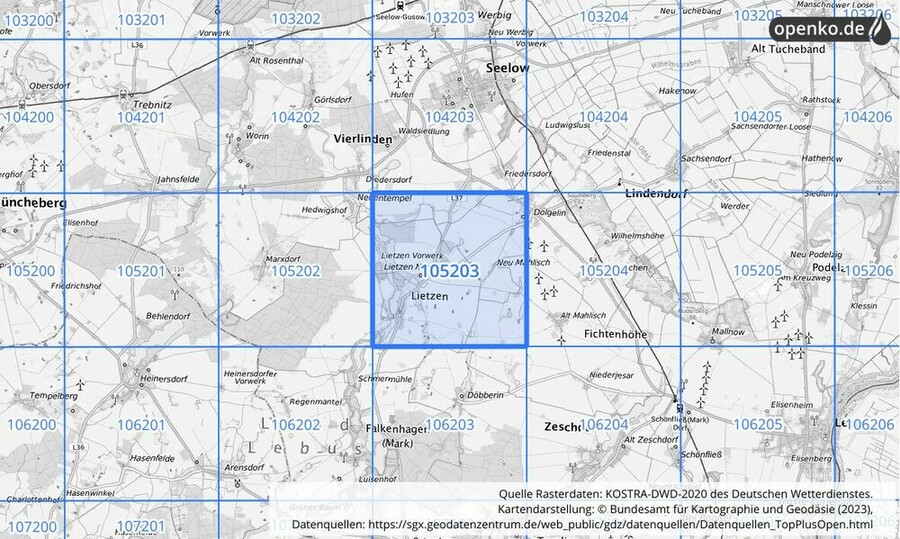 Übersichtskarte des KOSTRA-DWD-2020-Rasterfeldes Nr. 105203