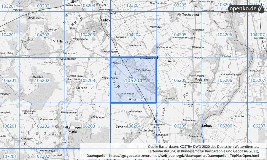 Übersichtskarte des KOSTRA-DWD-2020-Rasterfeldes Nr. 105204