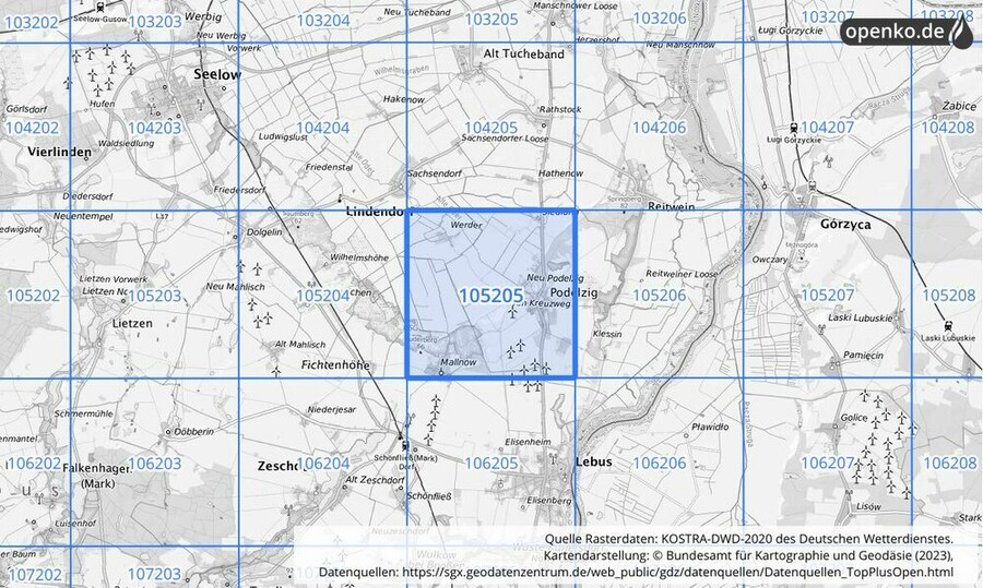 Übersichtskarte des KOSTRA-DWD-2020-Rasterfeldes Nr. 105205