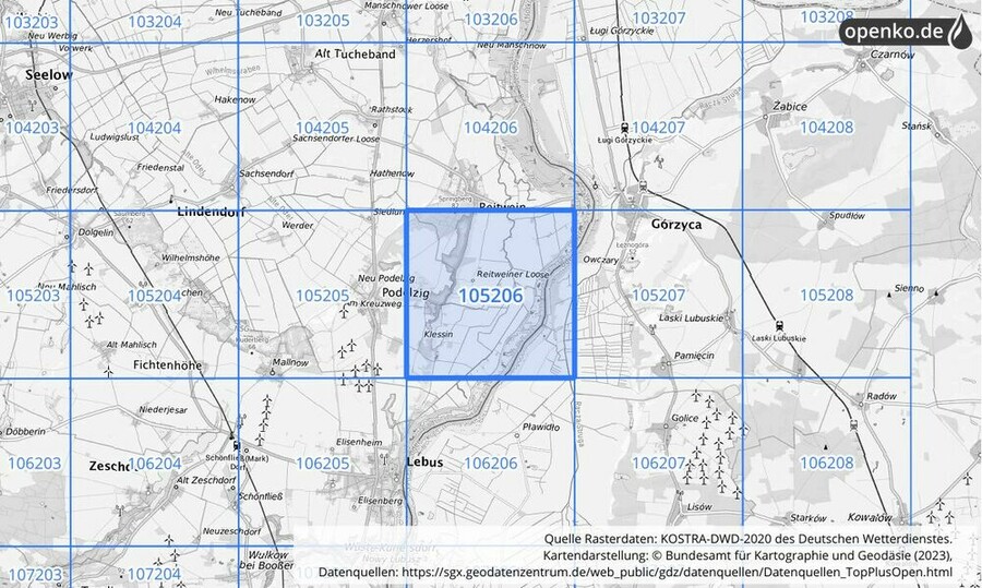 Übersichtskarte des KOSTRA-DWD-2020-Rasterfeldes Nr. 105206