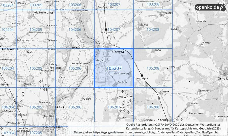 Übersichtskarte des KOSTRA-DWD-2020-Rasterfeldes Nr. 105207