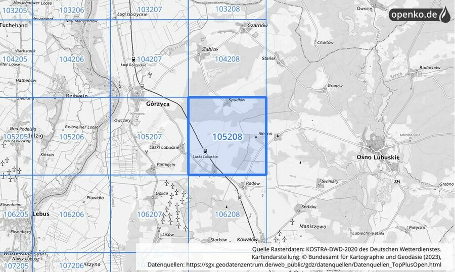 Übersichtskarte des KOSTRA-DWD-2020-Rasterfeldes Nr. 105208