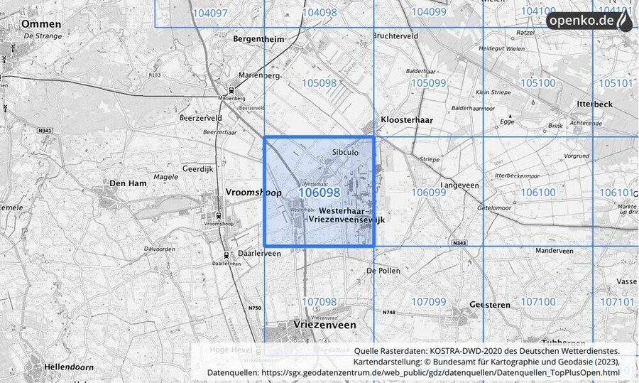 Übersichtskarte des KOSTRA-DWD-2020-Rasterfeldes Nr. 106098