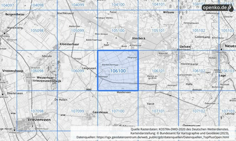 Übersichtskarte des KOSTRA-DWD-2020-Rasterfeldes Nr. 106100