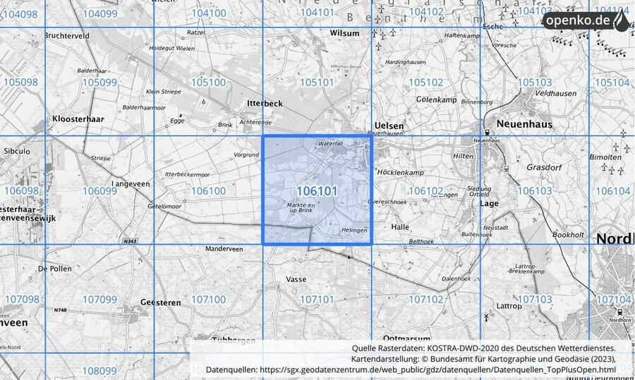 Übersichtskarte des KOSTRA-DWD-2020-Rasterfeldes Nr. 106101