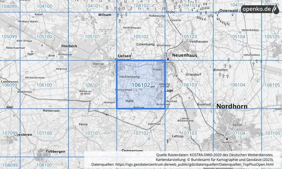 Übersichtskarte des KOSTRA-DWD-2020-Rasterfeldes Nr. 106102