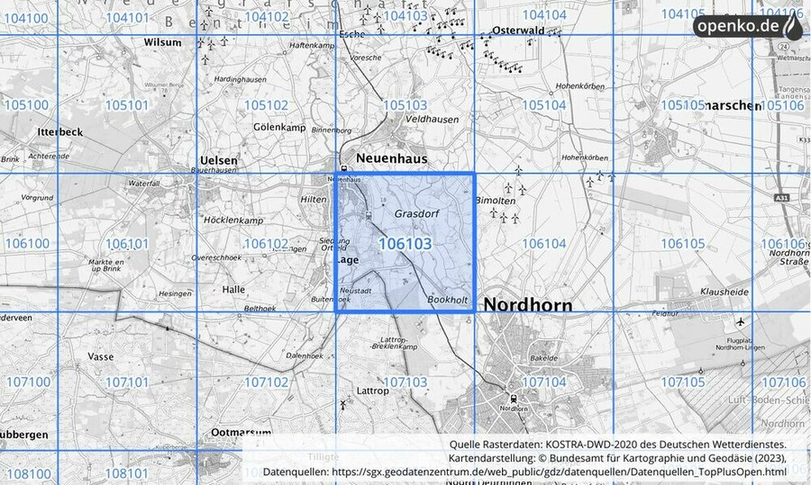 Übersichtskarte des KOSTRA-DWD-2020-Rasterfeldes Nr. 106103