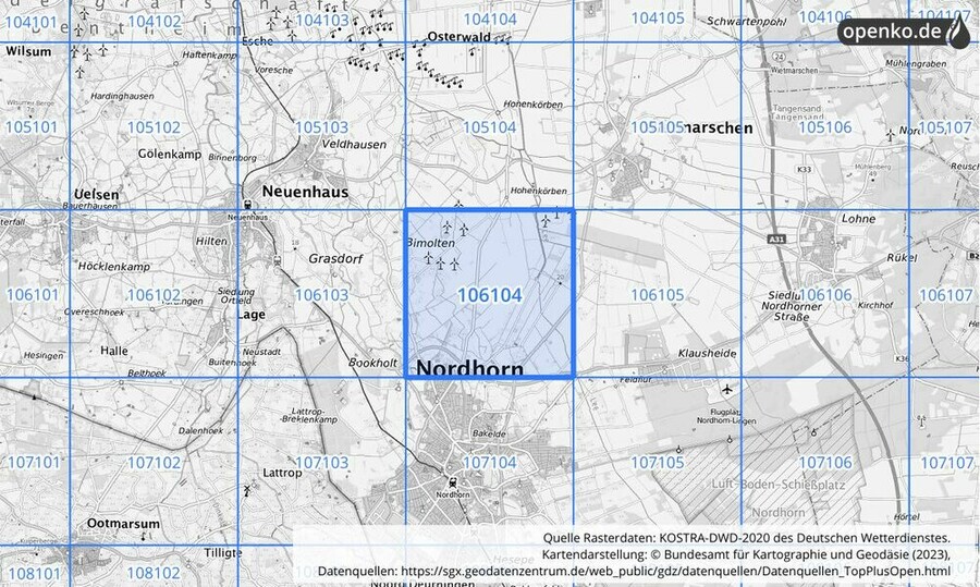 Übersichtskarte des KOSTRA-DWD-2020-Rasterfeldes Nr. 106104