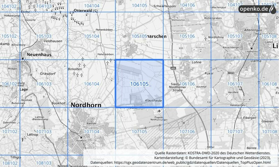 Übersichtskarte des KOSTRA-DWD-2020-Rasterfeldes Nr. 106105