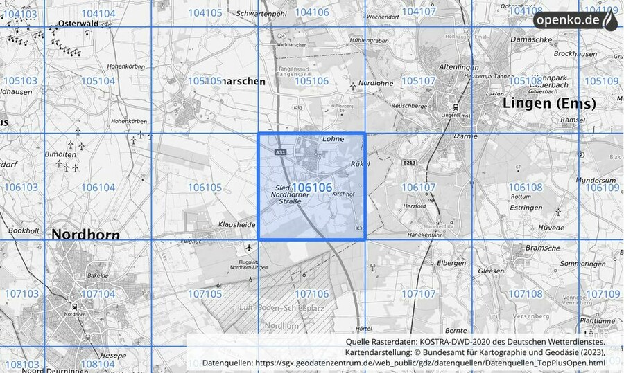 Übersichtskarte des KOSTRA-DWD-2020-Rasterfeldes Nr. 106106