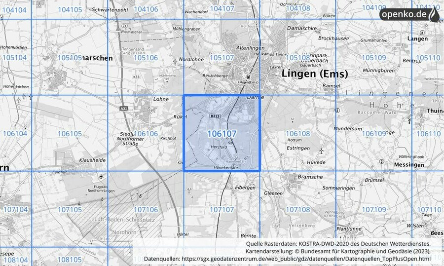 Übersichtskarte des KOSTRA-DWD-2020-Rasterfeldes Nr. 106107