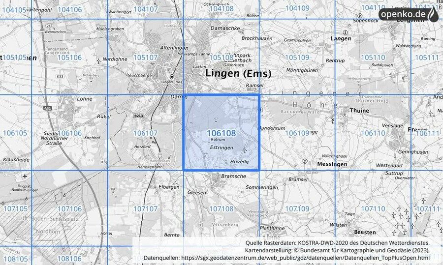 Übersichtskarte des KOSTRA-DWD-2020-Rasterfeldes Nr. 106108