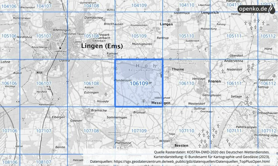 Übersichtskarte des KOSTRA-DWD-2020-Rasterfeldes Nr. 106109