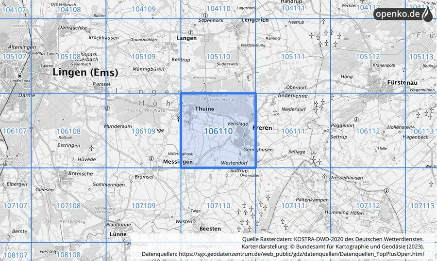 Übersichtskarte des KOSTRA-DWD-2020-Rasterfeldes Nr. 106110