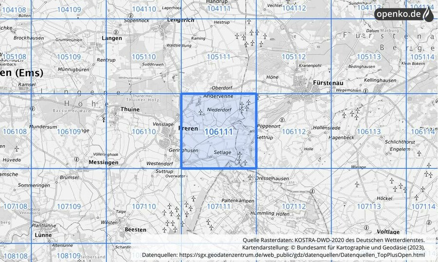 Übersichtskarte des KOSTRA-DWD-2020-Rasterfeldes Nr. 106111